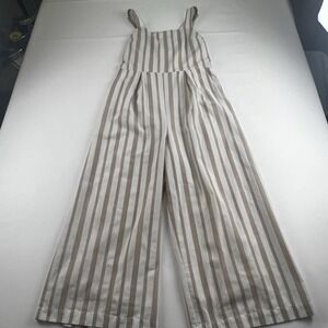 Women's Cotton/Poly Blend Wide Leg Jumpsuit Beige Tan Striped Sz M Boho Lined